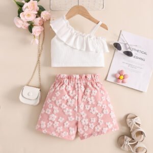 Girl's Summer Oblique Shoulder Top & Flower Shorts Set | Stylish Kids' Outfit