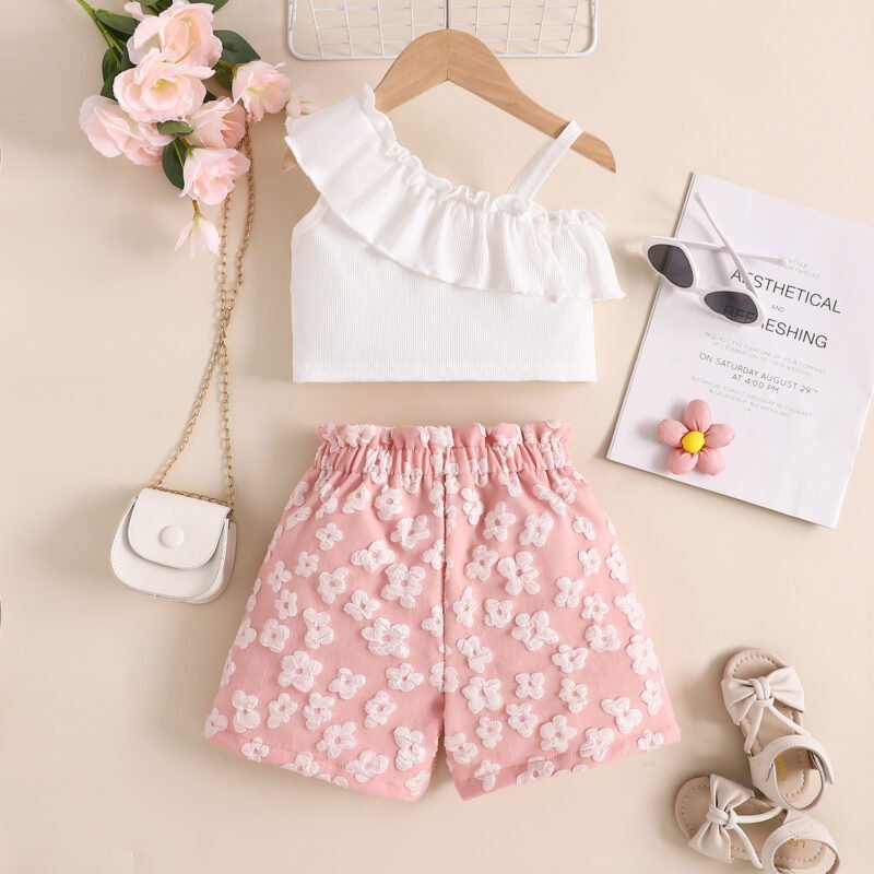 Girl's Summer Oblique Shoulder Top & Flower Shorts Set | Stylish Kids' Outfit