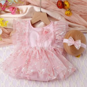 Two-Piece Baby Embroidery Floral Lace Mesh Jumpsuit | Elegant Baby Outfit