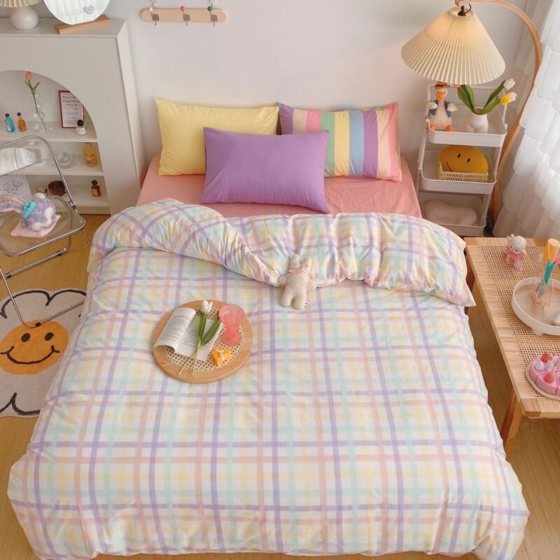 Solid Color Contrast Color Matching Candy Color Rainbow Striped Grid Single Double Wash Cotton Four-piece Set