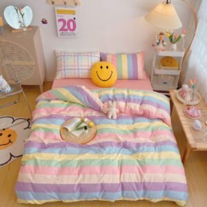 Solid Color Contrast Color Matching Candy Color Rainbow Striped Grid Single Double Wash Cotton Four-piece Set