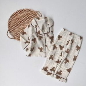 Children's Double-Layer Gauze Teddy Bear Pajama Set | Cozy Long-Sleeve Homewear