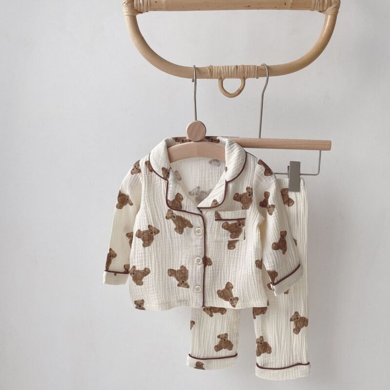Children's Double-Layer Gauze Teddy Bear Pajama Set | Cozy Long-Sleeve Homewear