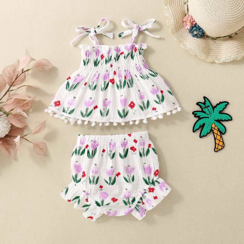 Baby Girl Cute Flowers Sling Half-Length Lace Suit | Adorable Baby Outfit