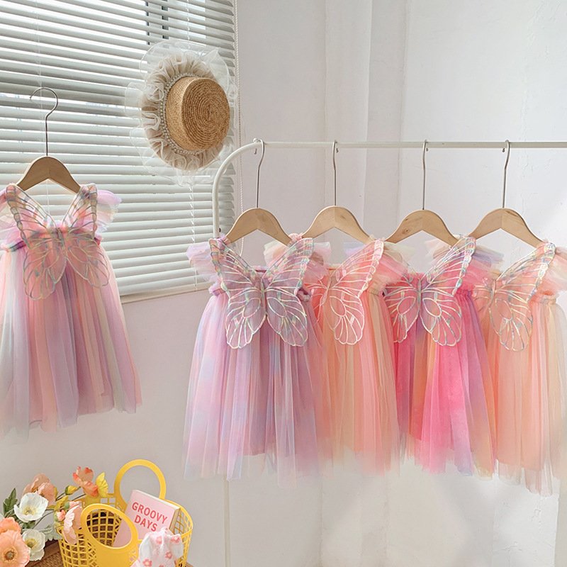 Rainbow Colorful & Elegant Kids' Party Outfit! Wings Mesh Girl Dress |