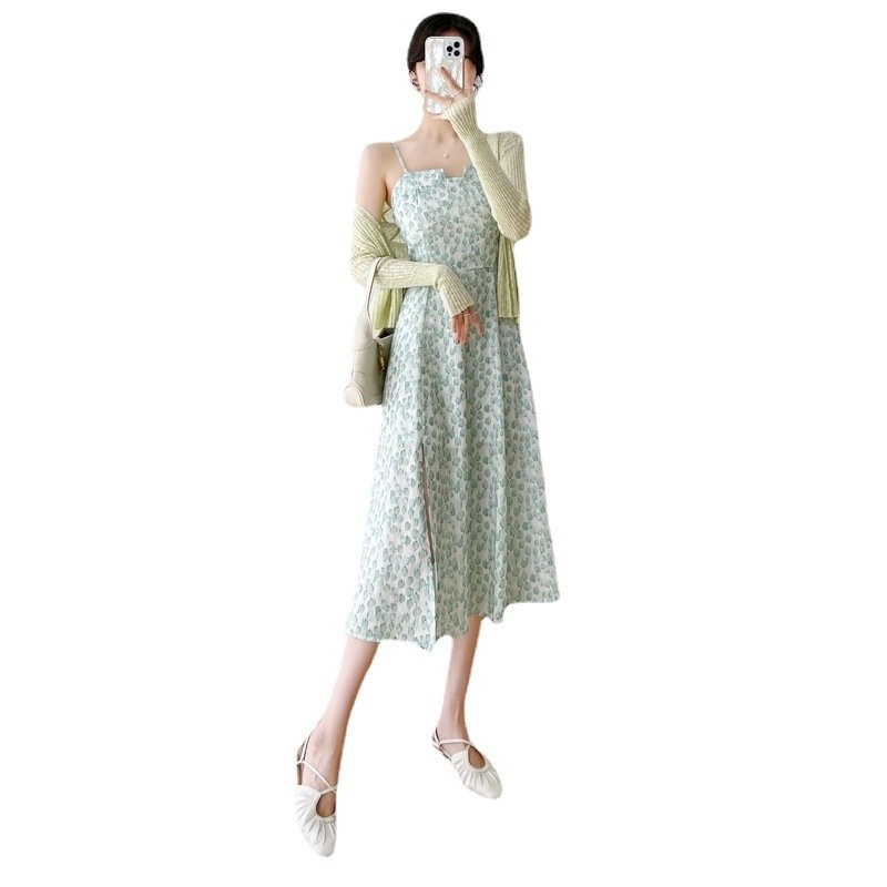 French Chiffon Suspender Dress | Sweet Slim Slit Summer Long Skirt
