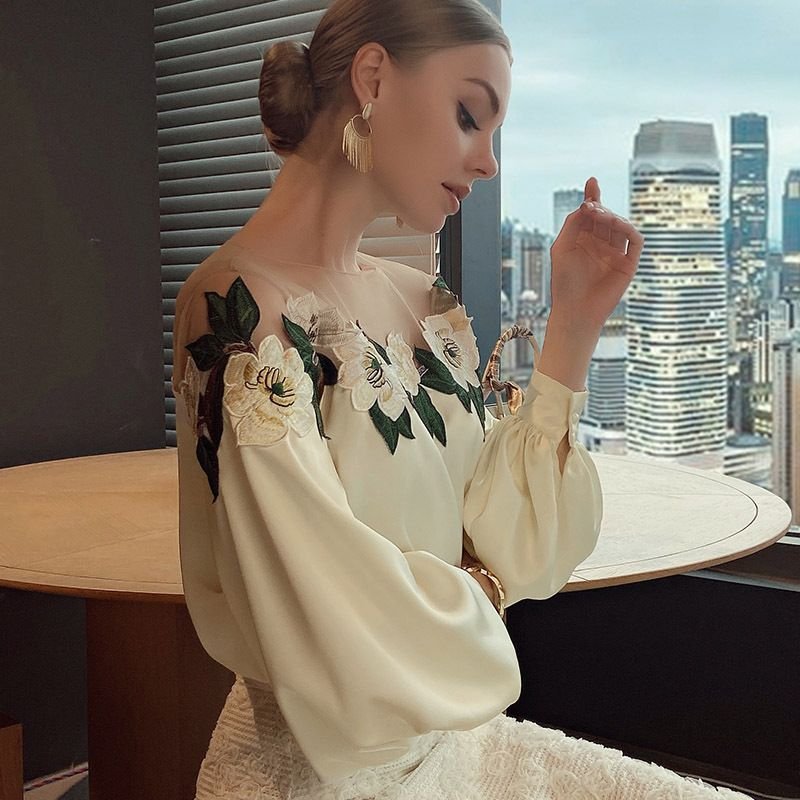 Women's Mesh Stitching Satin Embroidered Top – Elegant Belle Blouse