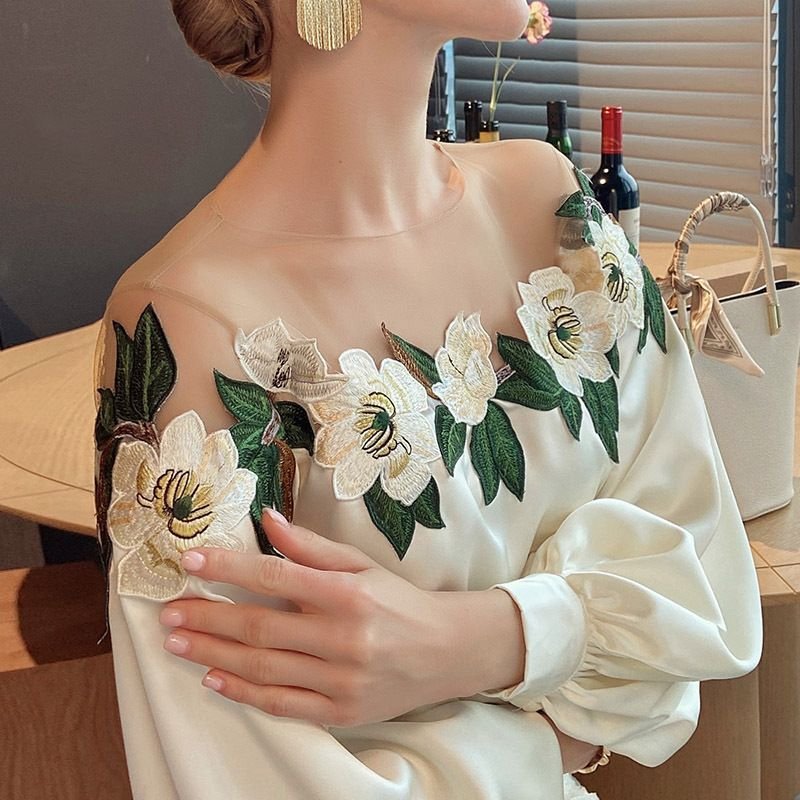 Women's Mesh Stitching Satin Embroidered Top – Elegant Belle Blouse
