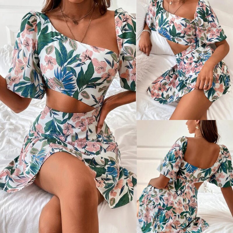 Spring & Summer Women’s Off-Shoulder Puff Sleeve Dress – Waist-Exposed Chic