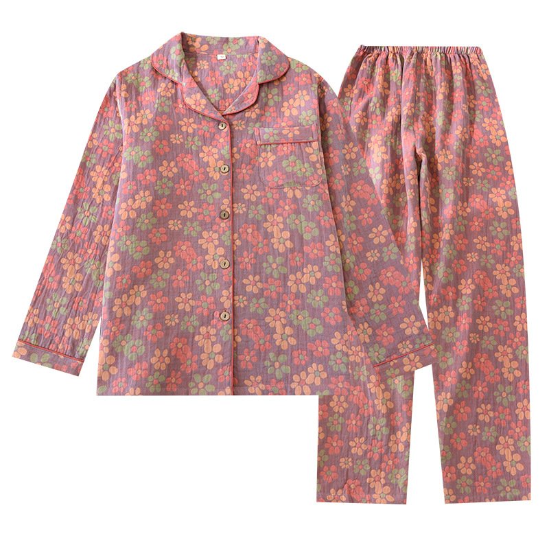 Ethnic Floral Women’s Pajamas – Cotton Double-Layer Gauze Homewear Set