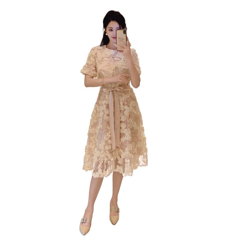 Elegant French Sequin Flower Dress | Exquisite Apricot Embroidered Design
