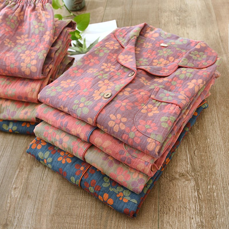 Ethnic Floral Women’s Pajamas – Cotton Double-Layer Gauze Homewear Set