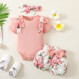 Floral Striped Cotton Top & Printed Shorts with Belt | Trendy Fashion Set
