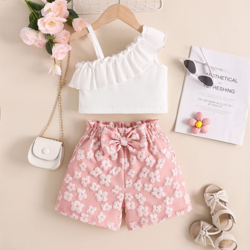Girl's Summer Oblique Shoulder Top & Flower Shorts Set | Stylish Kids' Outfit