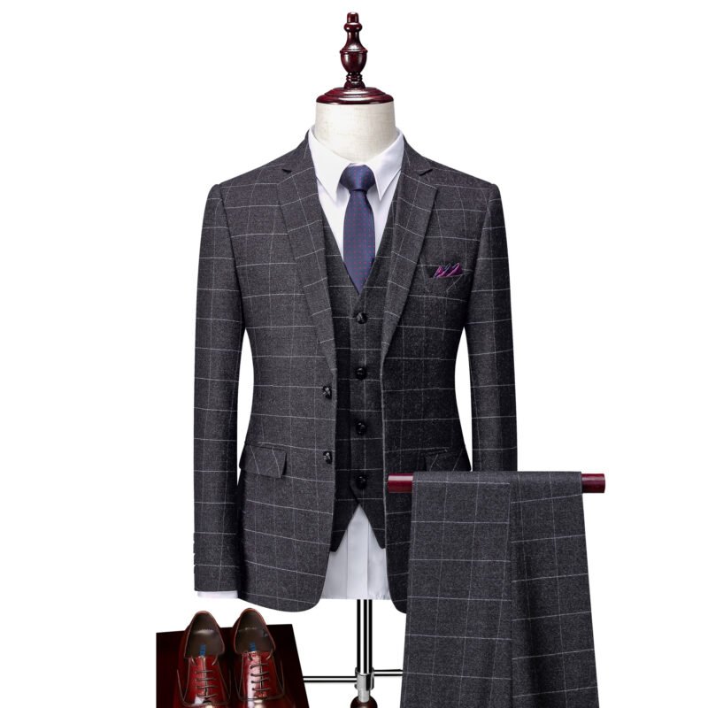Men's Regular Fit Tweed Herringbone 3-Piece Suit - Formal Wedding Groom Suit