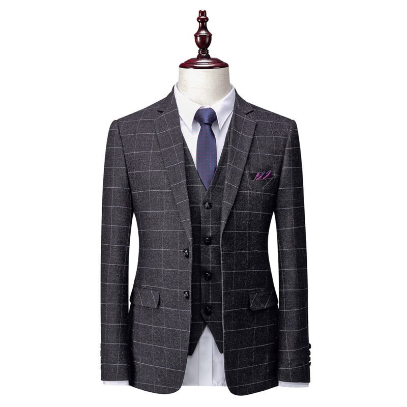 Men's Regular Fit Tweed Herringbone 3-Piece Suit - Formal Wedding Groom Suit
