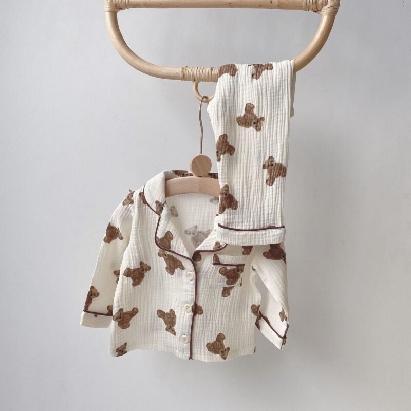 Children's Double-Layer Gauze Teddy Bear Pajama Set | Cozy Long-Sleeve Homewear