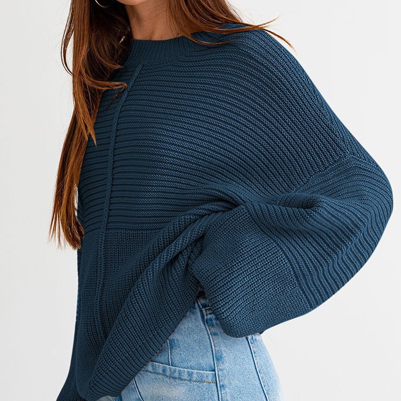 Solid Color Round Neck Knitwear - Loose Sleeve Pullover Sweater for Women