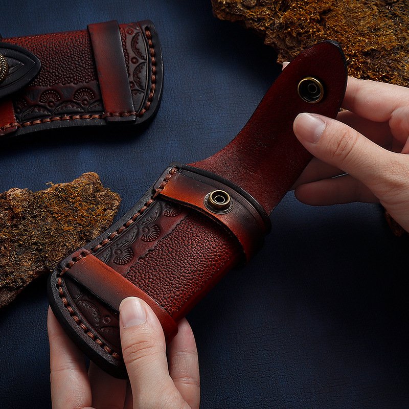 Planted Carved Leather Top Layer Folding Knife Cover - Genuine Leather Protective Case