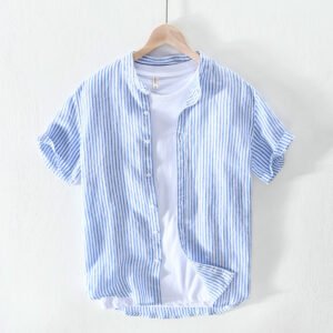 Linen Striped Short-Sleeved Men's Shirt – Loose and Comfortable Summer Style