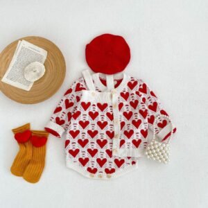 Baby Girl Knitted Love Jacquard Sweater Coat & Shoulder Strap Romper – 2-Piece Set