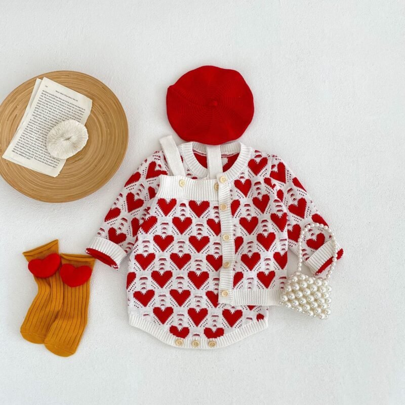Baby Girl Knitted Love Jacquard Sweater Coat & Shoulder Strap Romper – 2-Piece Set
