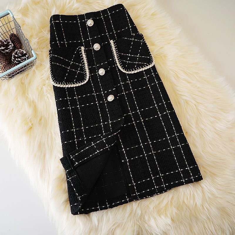 Mid-length A-Line High Waist Slimming Woolen Plaid Skirt – Stylish and Elegant Women's Skirt