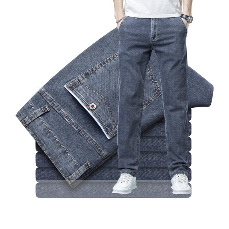 Men's Loose Elastic Jeans – Straight Fit Solid Color Casual Trousers