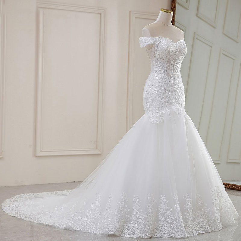 High Waist White Lace Wedding Dress – Dreamy V-neck Long Tail Bridal Gown