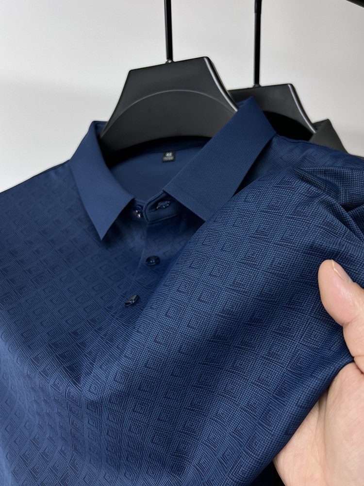 High-End Elegant Ice Silk Short Sleeve T-Shirt – Men's Lapel Summer Plaid Polo Shirt