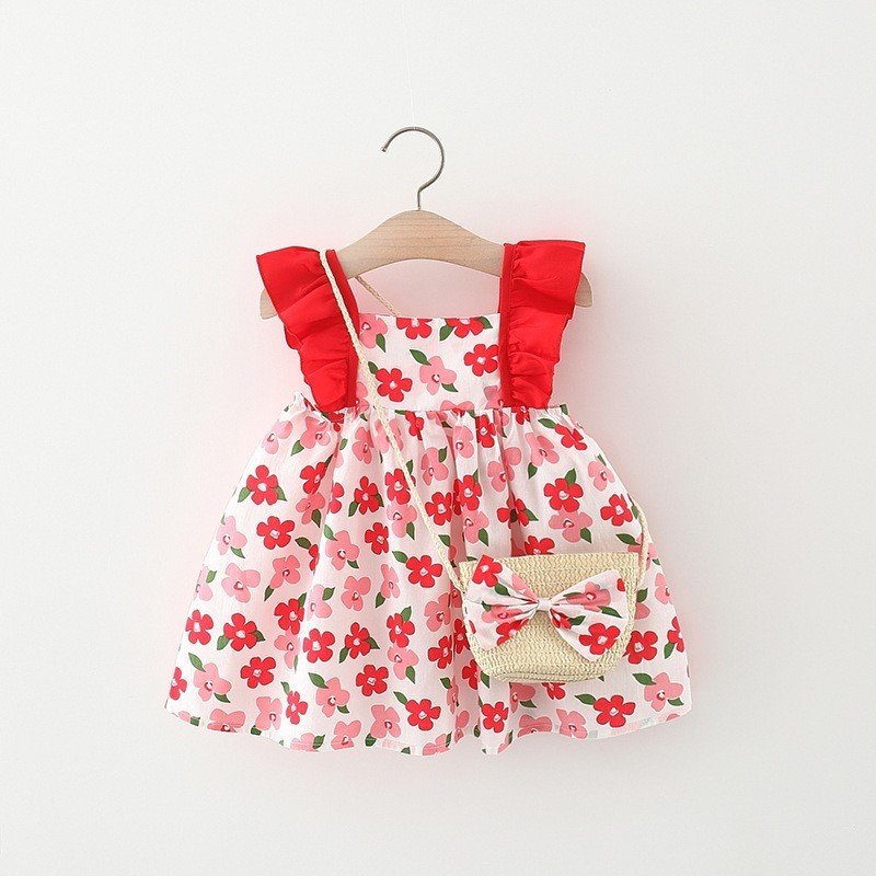 Baby Girl Flounced Sleeve Dress & Free Bamboo Basket Satchel - Stylish & Cute Outfit Set