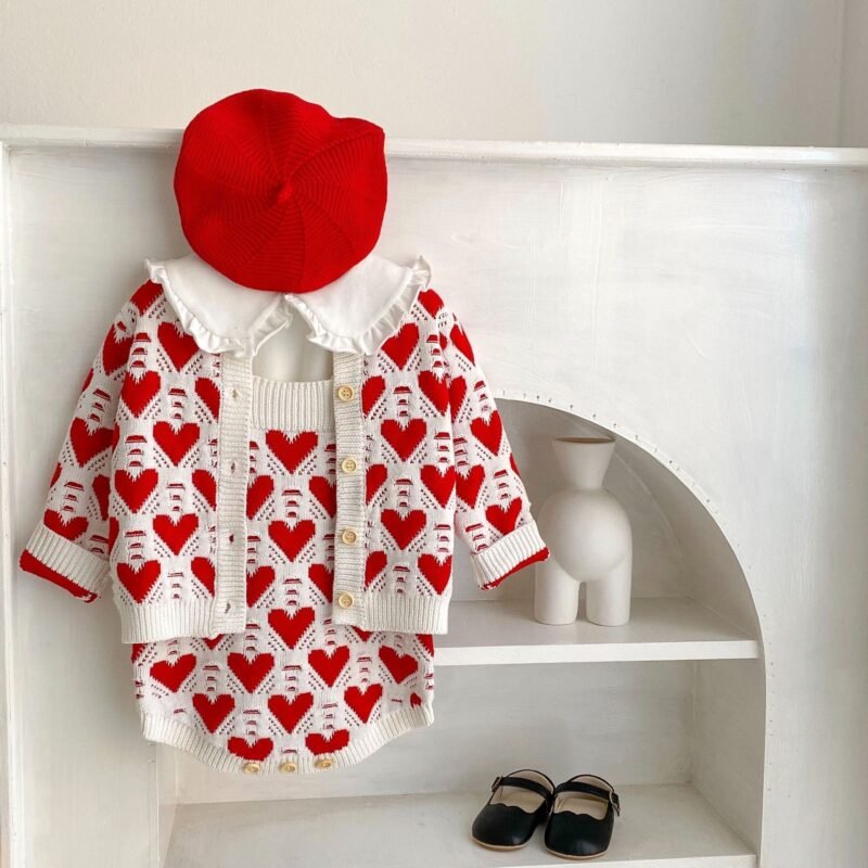 Baby Girl Knitted Love Jacquard Sweater Coat & Shoulder Strap Romper – 2-Piece Set