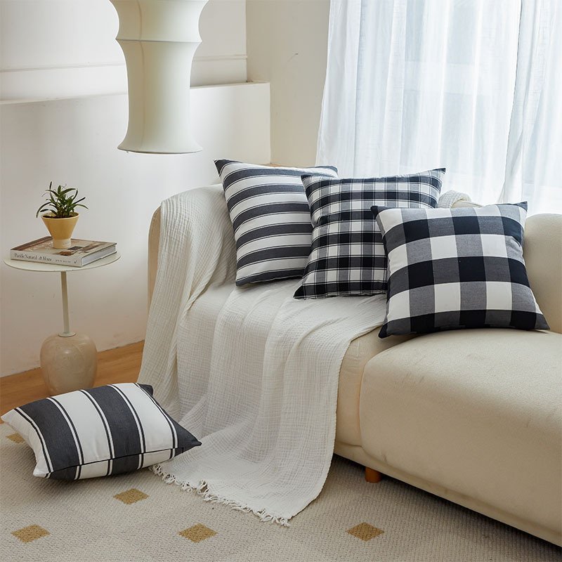 Polyester Cotton Black and White Checkered Pillow – Backrest Cushion for Sofa and Bed