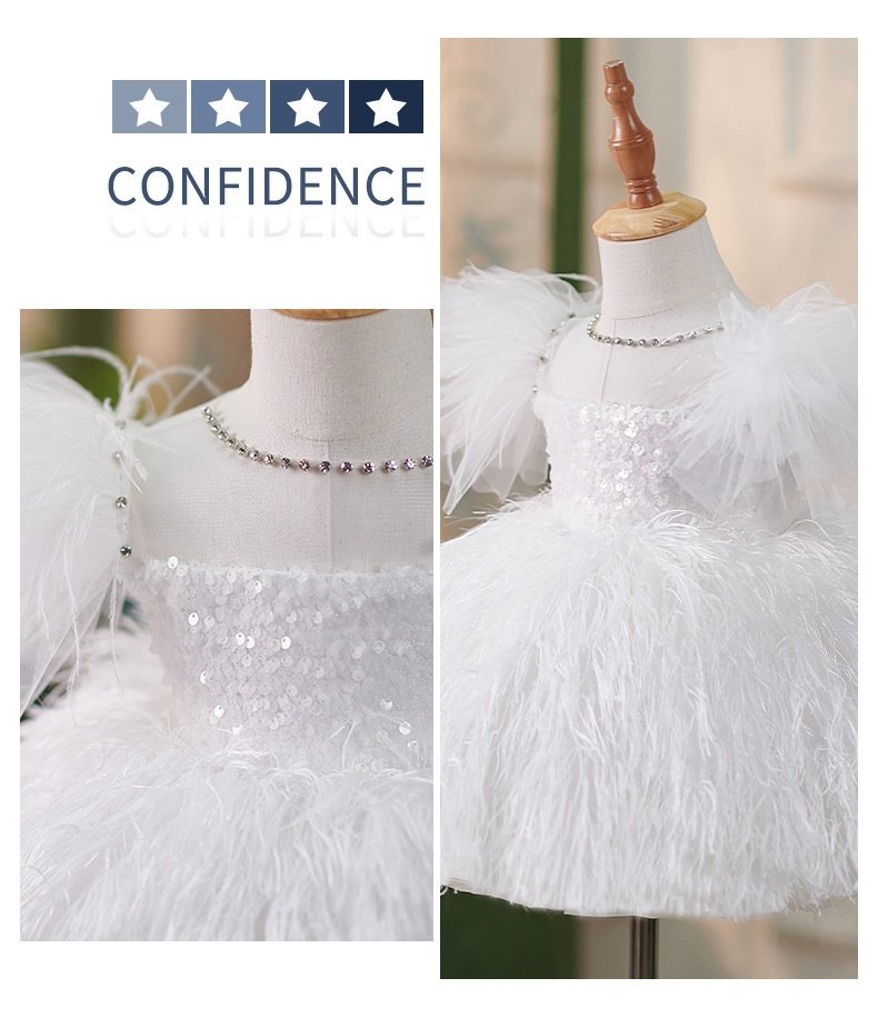 Girls Sequins White Flying Sleeves Feather Dress - Elegant & Sparkly Party Dress