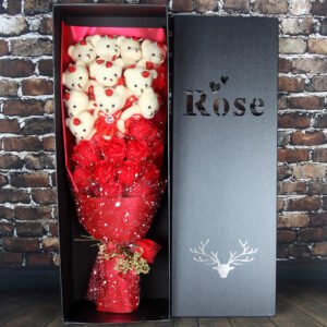 Valentine’s Day Animal Plush Toys – Teddy Bear & Rose Soap Flower Dolls with Gift Box for Birthday Gifts