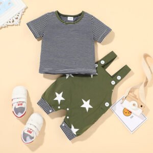 Baby Round Neck Top & Star Overalls Set – Adorable Baby Outfit for Boys and Girls