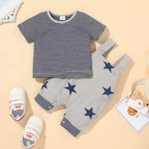 Baby Round Neck Top & Star Overalls Set – Adorable Baby Outfit for Boys and Girls