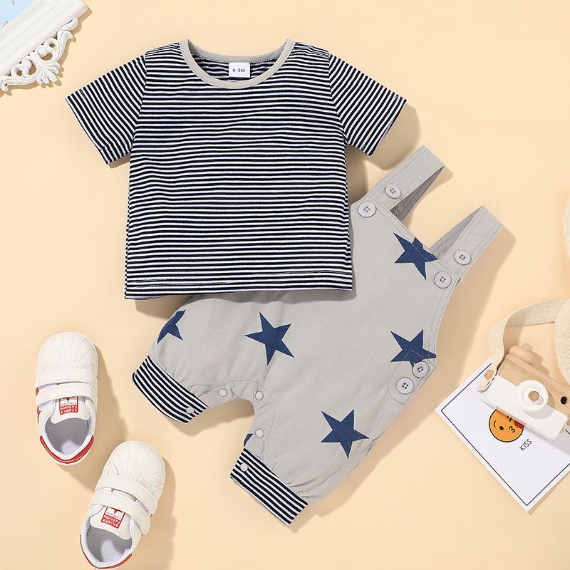 Baby Round Neck Top & Star Overalls Set – Adorable Baby Outfit for Boys and Girls
