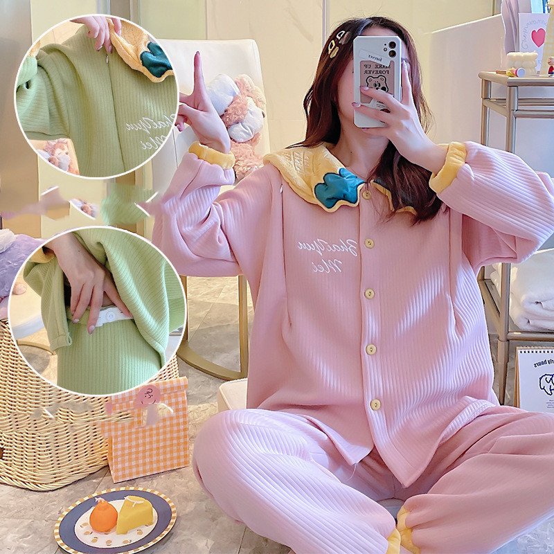 Maternity Winter Air Cotton Pajamas - Zipper Confinement Clothing
