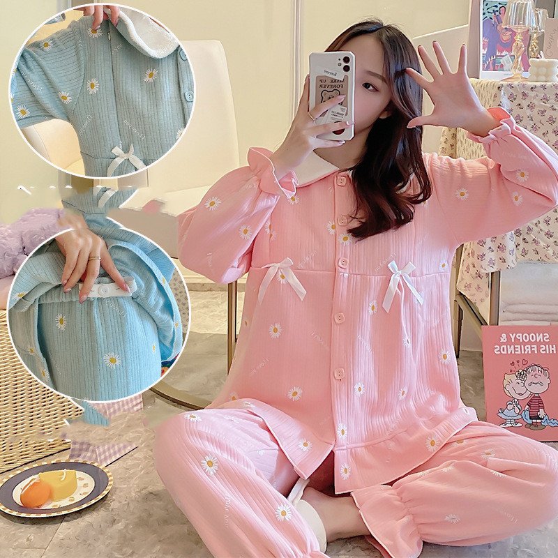 Maternity Winter Air Cotton Pajamas - Zipper Confinement Clothing