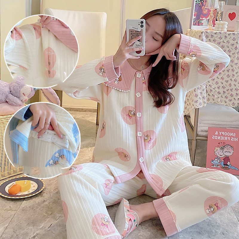 Maternity Winter Air Cotton Pajamas - Zipper Confinement Clothing