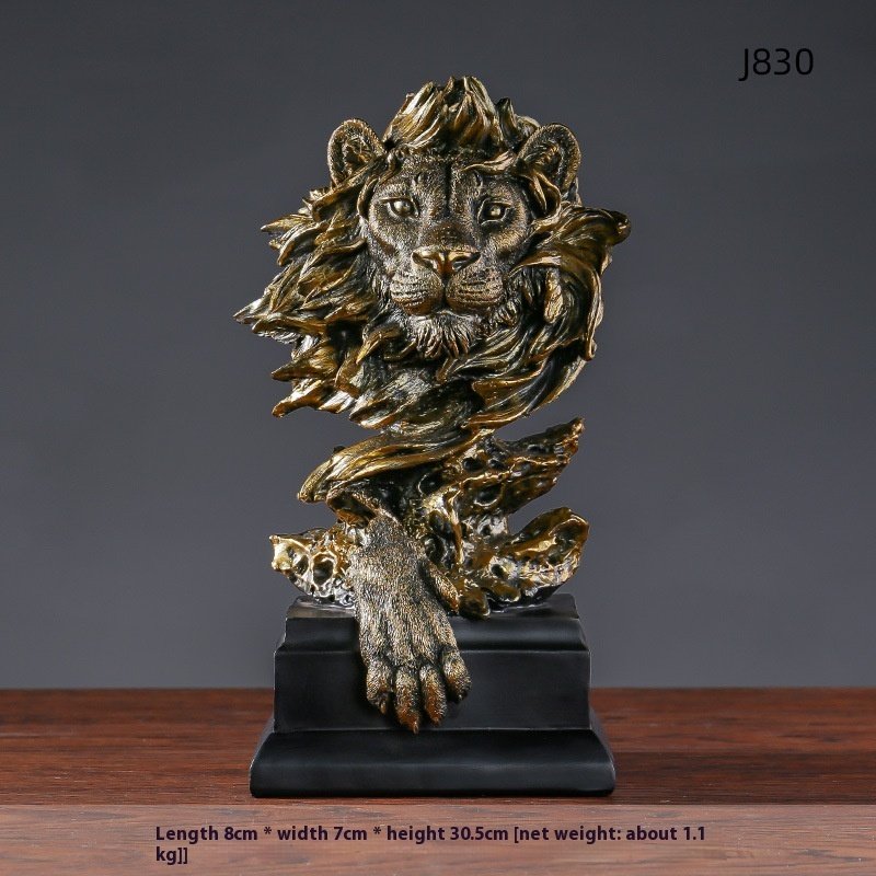 American Retro Animal Copper Lion Head Portrait – Resin Craft Ornament for Hallway & Office Decor