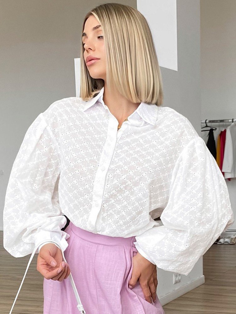 Temperament Wild Polo Collar Shirt with Small Hollow Design | Stylish & Trendy Women's Top