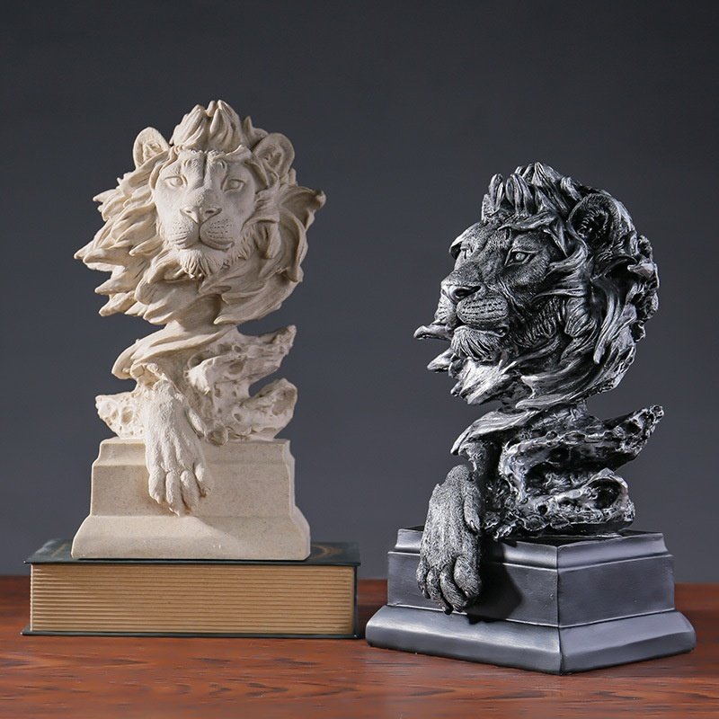 American Retro Animal Copper Lion Head Portrait – Resin Craft Ornament for Hallway & Office Decor