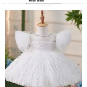 Girls Sequins White Flying Sleeves Feather Dress - Elegant & Sparkly Party Dress