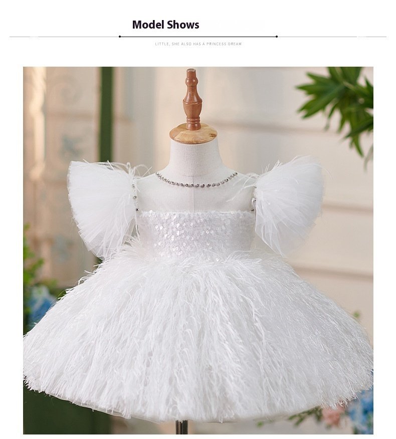 Girls Sequins White Flying Sleeves Feather Dress - Elegant & Sparkly Party Dress