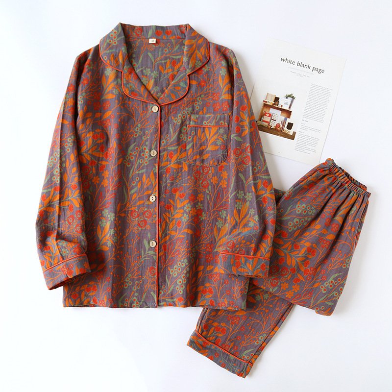 Cotton Yarn-Dyed Jacquard Vintage Leaf Pajamas Suit for Women | Stylish & Comfortable Sleepwear