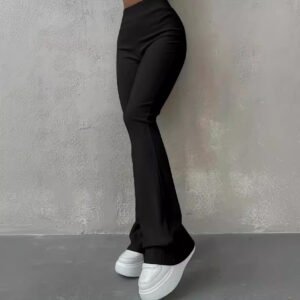 Casual Ribbed Slim Fit Leggings – Solid Color High-Waist Fashion Trousers
