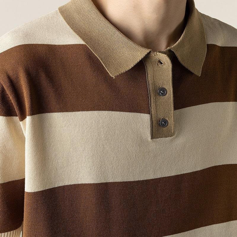 Knitted Polo Shirt – Casual Striped Short Sleeve for Men