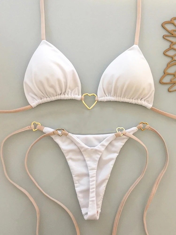 New Solid Color White Bikini Suit – Low Waist Lace-up Swimsuit